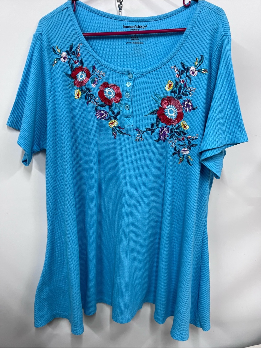 Woman Within Turquoise Embroidered floral Henley Knit Top 22/24 1x